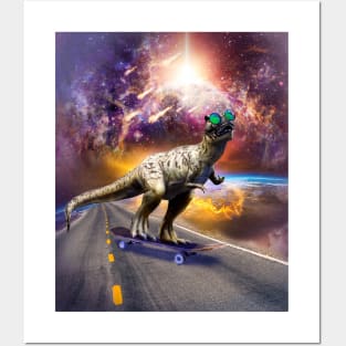 Dinosaur With Sunglasses On Skateboard In Space Posters and Art